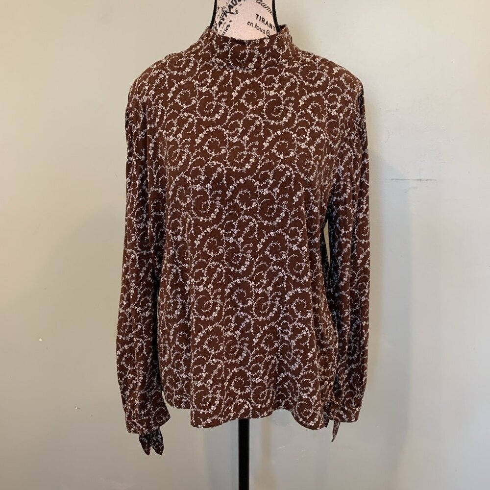 LOFT Women’s Large Brown and White Floral Long Sleeve Mock Neck Top Blouse
